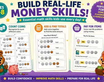 Hojas de trabajo para contar dinero para niños de 4 a 8 años, actividad matemática imprimible (PDF)