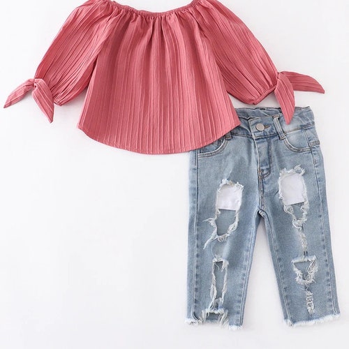 Cute Girl Clothing Set Toddler Girls Rib Knit Ruffle Trim Tee Etsy