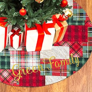 Personalized Christmas Tree Skirt Xmas Holiday Decor Red Checkered Patch Design CS01