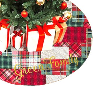 Personalized Christmas Tree Skirt Xmas Holiday Decor Red Checkered Patch Design CS01