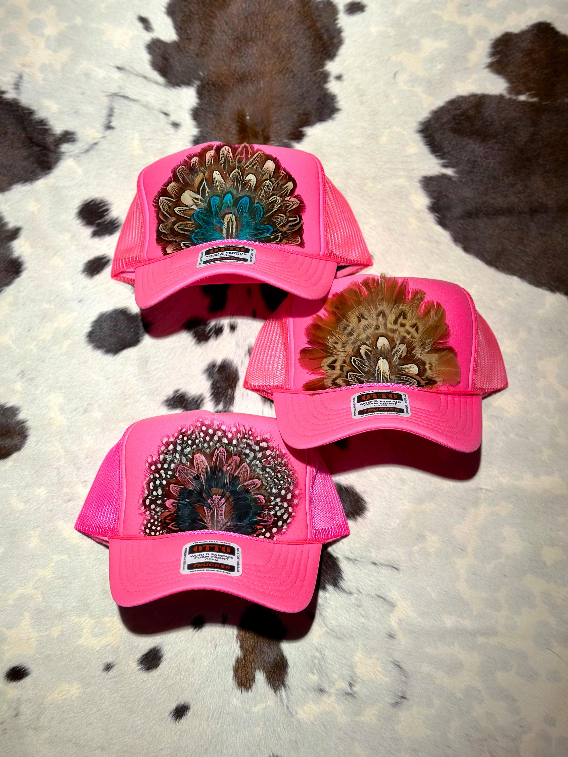 Vibrant Pink Feathered Trucker Hat Feathered Outlaw” -Hot Pink Feather(WHT) – The Rancher Hat Co main image 2
