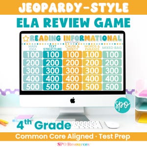 May include: A computer monitor displays a Jeopardy-style ELA review game for 4th grade. The game board is divided into categories like Main Idea and Text Structure, with point values from 100 to 500. The text reads "Common Core Aligned - Test Prep."