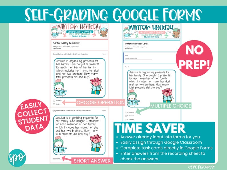 Winter Holiday Math Word Problem Task Cards Multiplication and Division ...