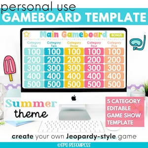 以下が含まれることがあります： 「Main Gameboard」と「Summer theme」の文字が入ったゲームボードテンプレートが映し出されたコンピューターモニター。テンプレートはJeopardyスタイルのゲーム用に設計されており、カテゴリとポイント値が表示されています。画像には、アイスキャンディーとシュノーケルのグラフィックも含まれています。