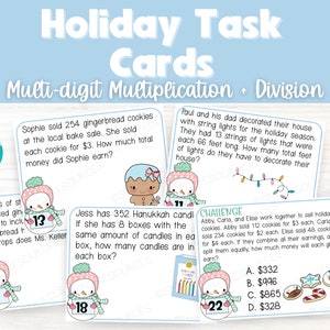 Puede incluir: Cuatro tarjetas de tareas coloridas con temas navideños de invierno. Cada tarjeta presenta una ilustración de muñeco de nieve y un problema de matemáticas. Los problemas implican multiplicación y división. Las tarjetas están diseñadas para que los niños practiquen habilidades matemáticas.
