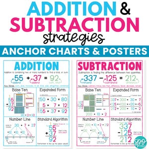 May include: Educational poster with addition and subtraction strategies. The poster includes examples of base ten, expanded form, number line, and standard algorithm methods. The poster is in blue, pink, and white.