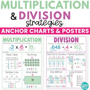 May include: Educational poster with multiplication and division strategies. The poster includes examples of ratio tables, tile arrays, number lines, and area models for multiplication. Division strategies include chunking, partial quotients, box method, and long division.
