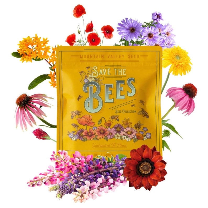May include: A yellow seed packet with the text "Save the Bees" and a vintage-style illustration of bees and flowers. The packet is surrounded by a variety of colorful flowers, including purple, pink, red, yellow, and orange.