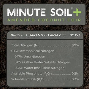 May include: A close-up of a gray label with the text "MINUTE SOIL+ AMENDED COCONUT COIR" and a guaranteed analysis of the soil by weight, including total nitrogen, ammoniacal nitrogen, urea nitrogen, other water soluble nitrogen, water insoluble nitrogen, available phosphate, and soluble potash.