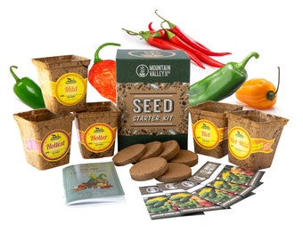 Hot Pepper Seeds Indoor Growing Kit - 5 Garden Pepper Non-GMO Vegetable Seeds - Labeled Coco Coir Starting Pots, Soil Pucks, Growing Guide