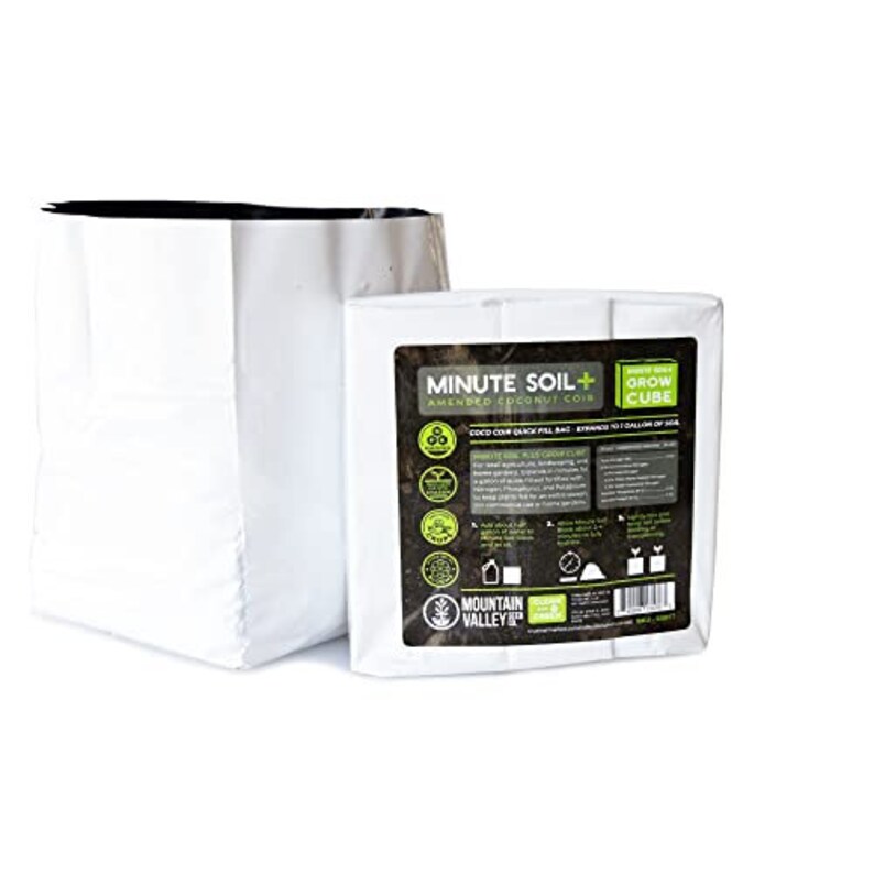 May include: A white bag of Minute Soil+ Amended Coconut Coir, a coco coir quick fill bag that expands to 1 gallon of soil. The bag is labeled with the brand name Mountain Valley and the text "Grow Cube".