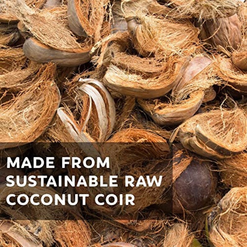May include: Close-up of a pile of brown coconut coir fibers. The text "MADE FROM SUSTAINABLE RAW COCONUT COIR" is visible in the image.