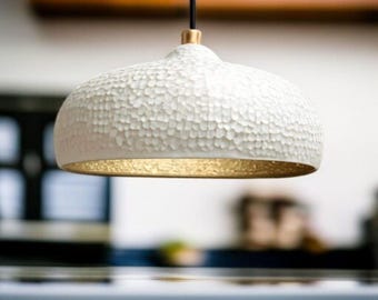 Modern Handmade Copper Pendant Light – White Hammered Dome Lamp with Gold Interior, Luxury Ceiling Light for Kitchen Island & Dining Room