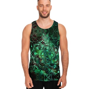 Men’s Rave Tank Top / Trippy Geometric Rave Wear / Vibrant Green Psychedelic Print / “Verdant Depths” —Trippy Festival Tank