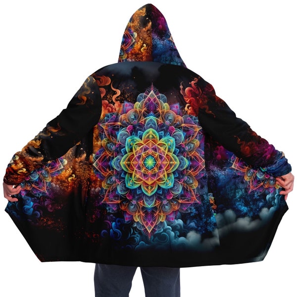 Sacred Geometry Hooded Cape / Micro Mink Fleece Lined / Dream Cloak / “Psychotropic Dreamstate” — Rainbow Psychedelic Festival Cloak