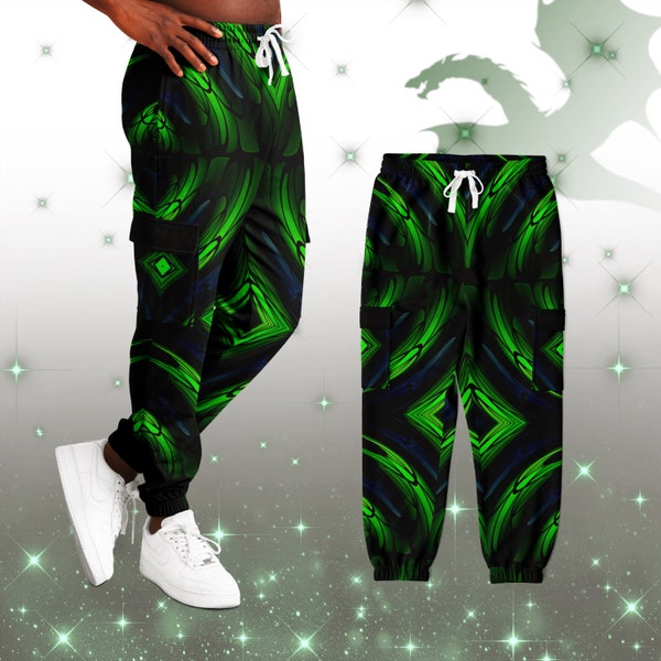 Festival Cargo Sweats / Psychedelic Blue-Green Dragon Scale Pattern / Men’s EDM Apparel / “Dragon Scale Mirage” —Trippy Rave Outfit for Men