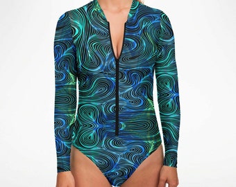 Body Zip Up à manches longues / Abstract Color Swirl Rave Romper / Body Festival pour femmes
