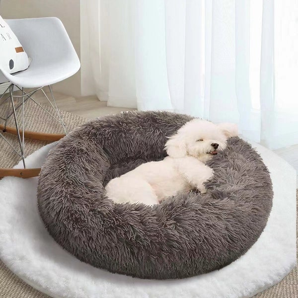 Calming Cozy Donut Dog Bed: Orthopedic Anti-Anxiety with Waterproof Non-Slip Base – Easy Clean Modern Fluffy Pet Bed