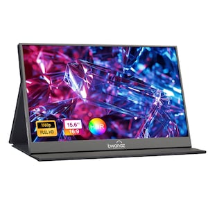 May include: A 15.6 inch portable monitor with a black frame and a stand. The screen displays a colorful image of crystals. The monitor has a 1080p full HD resolution and HDR capabilities. The monitor is made by the brand bwanaz.