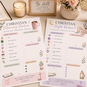 May include: Two Christian routine checklists, one for morning and one for night, with floral and coffee cup illustrations. A Bible, a candle, and a mug with the words "Pray, Trust, Wait, Repeat" are also visible. The text "Be still and know that I am God" is on a small framed sign.