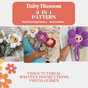 Op de afbeelding: Afbeelding van een handbreipatroon voor bloemvormig pluche speelgoed. Het patroon bevat video tutorials, geschreven instructies en fotogidsen. De bloemen zijn wit, geel, paars en oranje, met groene stelen.