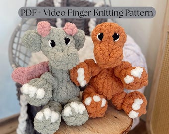PDF + Video Finger Knitting Pattern – Baby Long Neck Dino & Dragon- Intermediate level pattern