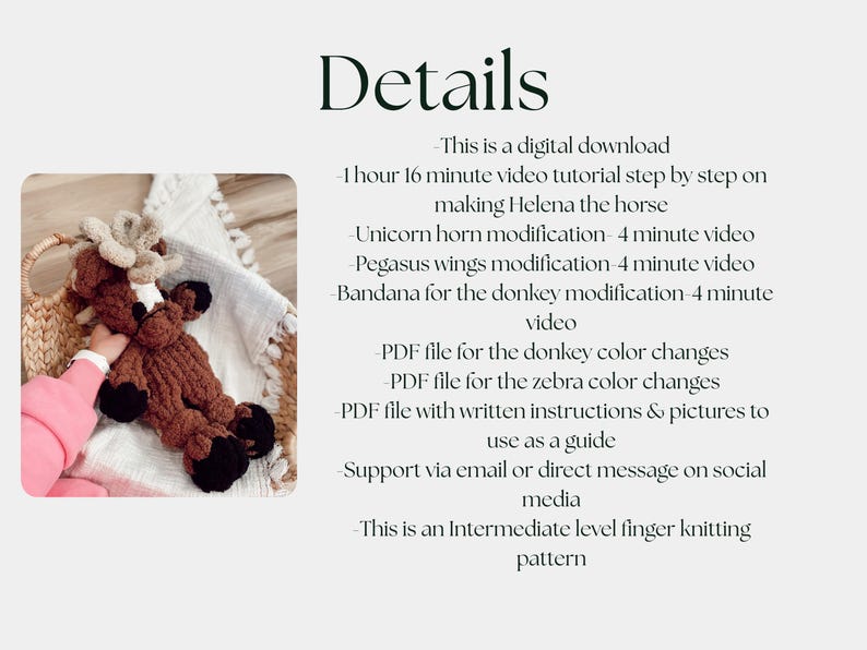 Helena the Horse 5 In 1 Finger Knitting Pattern- Horse, Zebra, Unicorn, Pegasus, & Donkey image 3