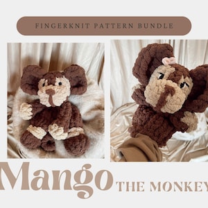 May include: Two images of a finger knit monkey named Mango. The monkey is brown and beige, with large ears and a small pink bow. The text "FINGERKNIT PATTERN BUNDLE" and "Mango the Monkey" are also visible.