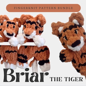 Op de afbeelding: Een vingerbreimusterpakket voor het maken van een tijgerpop. Het patroon bevat instructies voor het maken van een tijgerpop met oranje en zwart bont, witte accenten en een zwarte neus. Het patroon heet "Briar the Tiger".
