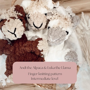 May include: A collection of handmade alpaca and llama plush toys in a woven basket. The toys are made with soft, textured yarn in shades of brown, white, and gray. The image includes text that reads "Andi the Alpaca & Luka the Llama".