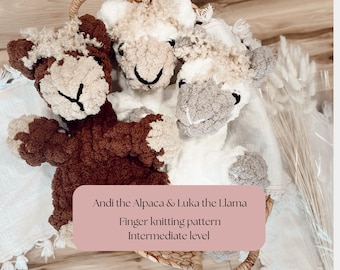 Andi the Alpaca and Luka the Llama 2-in-1 Finger Knitting Pattern