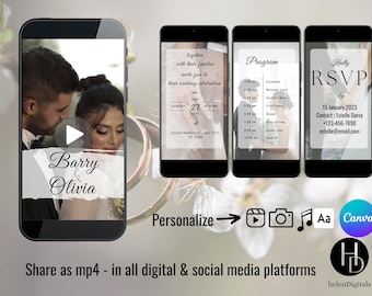 May include: A digital wedding invitation with a photo of the couple, a wedding program, and an RSVP card. The invitation features the names "Barry & Olivia" and the date "January 27, 2023". The program includes a schedule of events, and the RSVP card includes contact information for the couple.