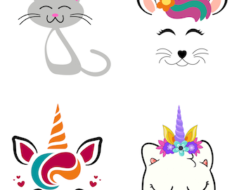 ユニコーン猫 SVG PNG DXF クリップアート | ユニコーンの角を持つ