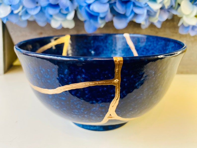 Kintsugi Bowl, Kintsugi Deep Blue Ocean Bowl, Home Decor, Kintsugi Pottery, Home Gifts, Minimalist, Kintsugi Ocean Blue Ramen Bowl Large image 2