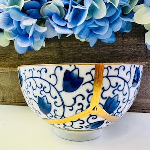Kintsugi Bowl, Kintsugi Blue Petal Bowl, Gift for Her, Anniversary Gift, Minimalist, Wedding Gift, Home Decor, Blossom Ceramic Bowl
