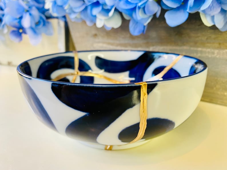 Kintsugi Bowl Kintsugi Blue Pattern Bowl Kintsugi Kit Gifts Etsy