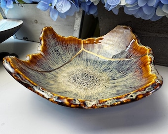 Kintsugi Bowl, Kintsugi Tree Bark Bowl Reactive Glaze, Kintsugi Pottery, Gold Repair, Anniversary, Home Decor, Christmas Gift