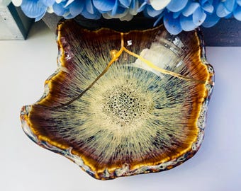 Kintsugi Schale, Baumrindenschale Reaktivglasur, Geschenk für Sie, Goldreparatur, Jubiläum, Wohnkultur