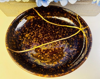 Kintsugi Bowl, Kintsugi Espresso Bean Bowl, Coffee Brown Glaze, Handmade Ceramic Gift (8.6" Dia.)