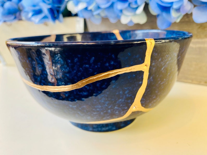 Kintsugi Bowl, Kintsugi Deep Blue Ocean Bowl, Home Decor, Kintsugi Pottery, Home Gifts, Minimalist, Kintsugi Ocean Blue Ramen Bowl Large image 3