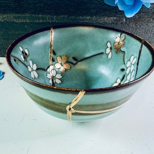 Kintsugi Bowl, Kintsugi Teal Aqua Bowl, Kintsugi Pottery, Personalized, Anniversary, Wedding, Home Decor, Kintsugi Art, Green Blossom Bowl