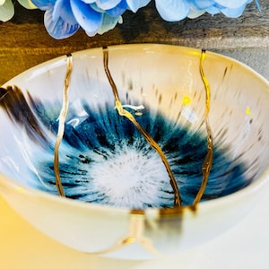 Kintsugi Bowl, Blue Iris Bowl, Handmade Gold Repair Pottery, Minimalist Decor