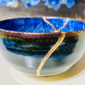 Kintsugi Bowl, Kintsugi Blue Wave Bowl, Kintsugi Gold Repair Ceramic Pottery, Minimalist Art, Home Decor, Gifts for Women, Kintsugi Art image 10