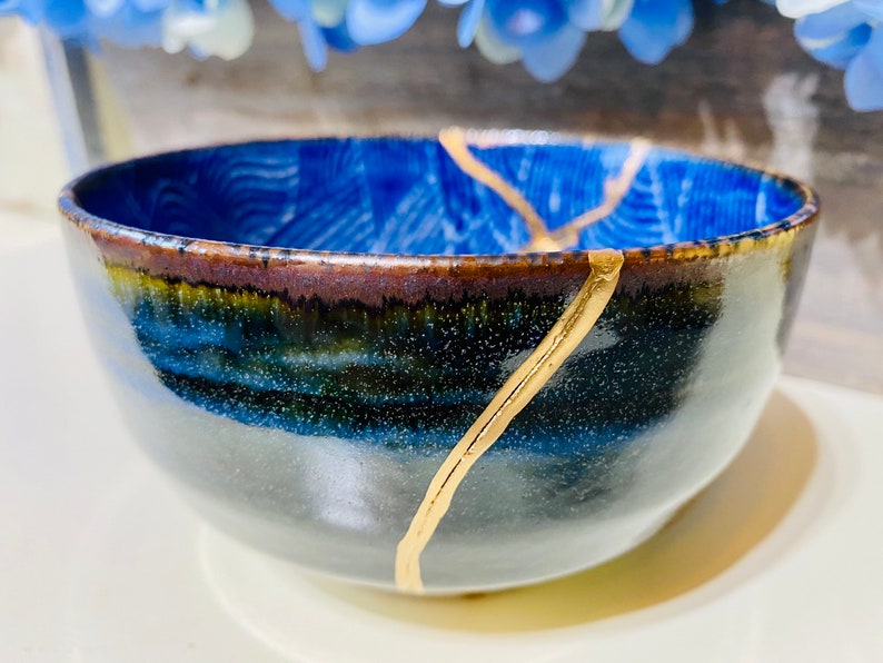 Kintsugi Bowl, Kintsugi Blue Wave Bowl, Kintsugi Gold Repair Ceramic Pottery, Minimalist Art, Home Decor, Gifts for Women, Kintsugi Art image 10