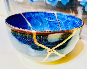Kintsugi Bowl, Kintsugi Blue Wave Bowl, Kintsugi Kit, Anniversary Gift, Unique Home Decor, Gifts for Her, Handmade Ceramic Gift