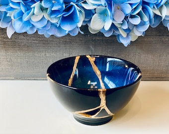 Kintsugi Bowl, Kintsugi Blue Bowl, Cerámica Kintsugi, Minimalista, Decoración del hogar, Kit Kintsugi, Decoración del hogar, Cuenco de gres azul con incrustaciones de oro