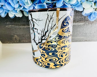 Kintsugi Pottery, Kintsugi Gold Scenery Cup, Kutani Yaki Ware Japanese Ceramics, Home Decor, Minimalist, Handmade Gifts, Kintsugi Bowl