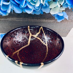 Kintsugi Bowl, Red Volcano Stoneware with Gold Repair Lines