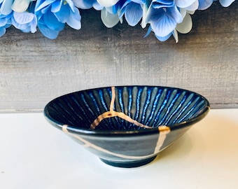 Kintsugi, Kintsugi Blue Fire Bowl, Kintsugi Pottery, Anniversary, Wedding, Handmade, Gifts for Her, Blue Lined Reactive Glaze