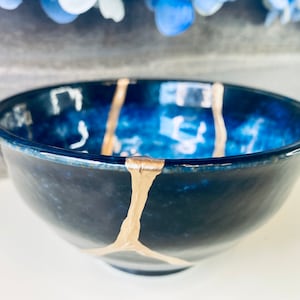 Kintsugi Bowl, Blue Ceramic Bowl, Handmade Kintsugi Sapphire Blue Bowl - Minimalist Home Decor Gift, Wedding, Anniversary Gift, Japanese Art